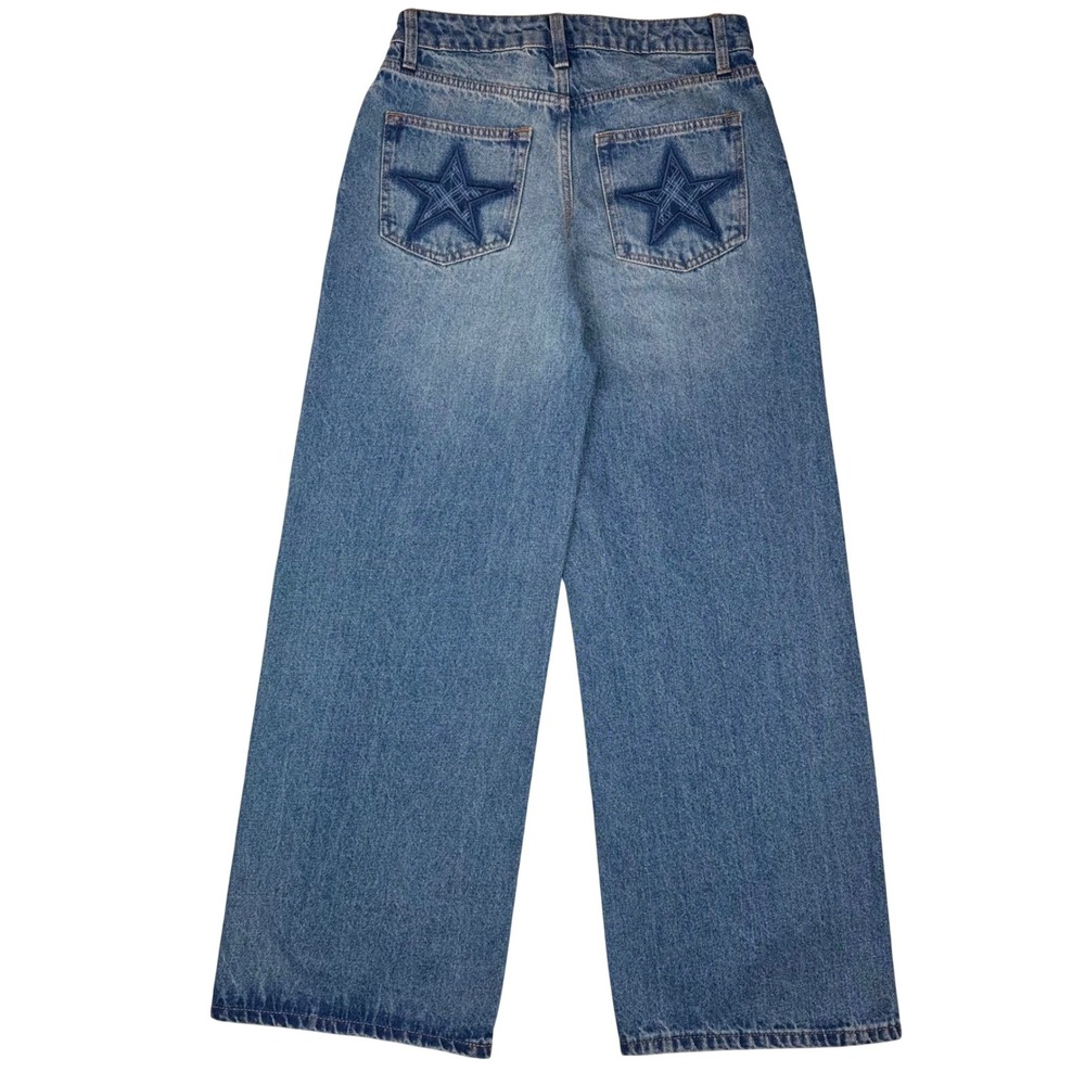 NWT Baggy Jeans Wide Leg Star Embroidery Juniors 0 Blue Y2K Grunge No Boundaries